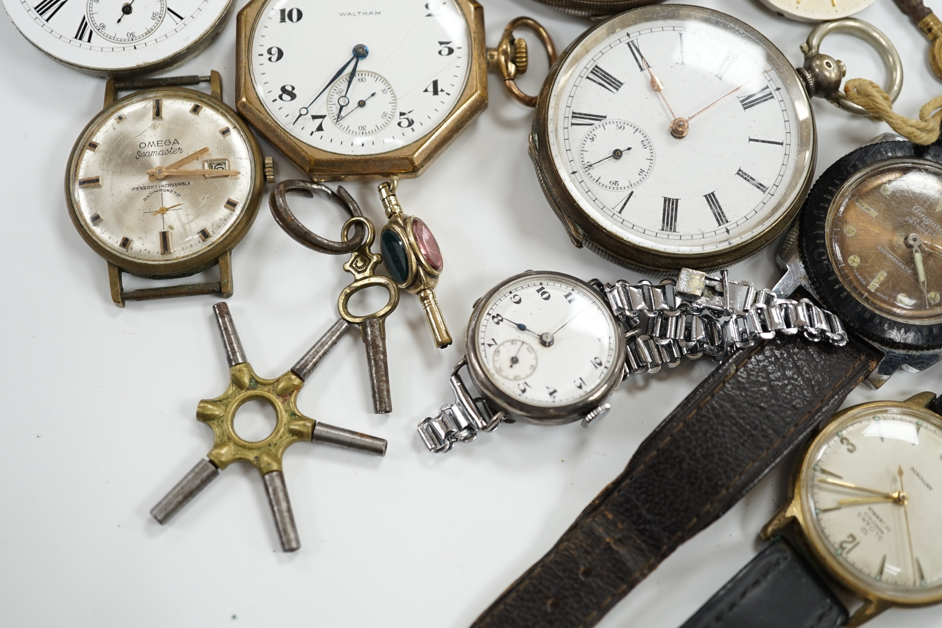 A small group of assorted pocket watches including silver and wrist watches including movements.